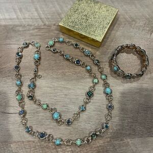 Gold Chain Necklace and Bracelet Set with Blue and Green Gems